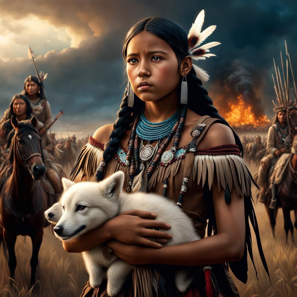 Native American Girl with Doll in War Zone
