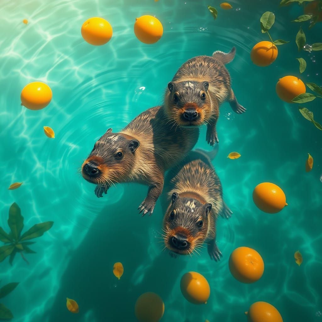 Vibrant Capybaras in Turquoise Water with Oranges