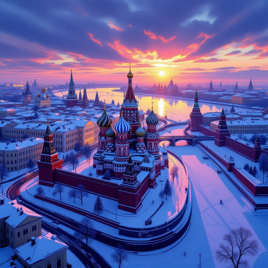 Kremlin Winter Aerial View: Vibrant, Somber, and Snowy
