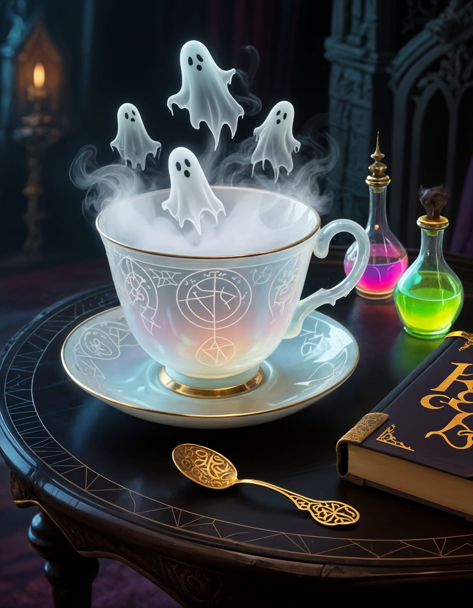 Ghostly Teacup with Magical Runes in Digital Art Style