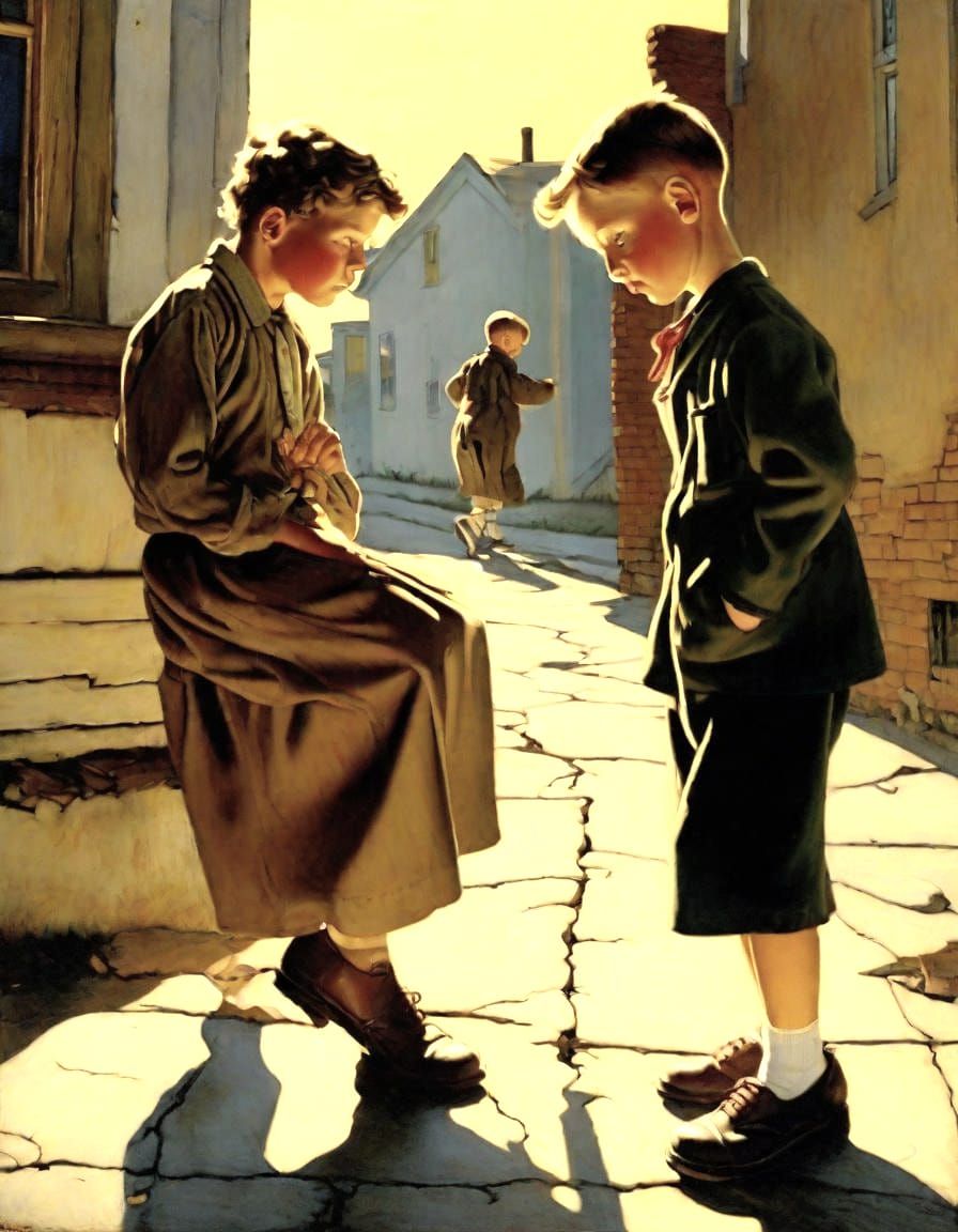 Humorous Rockwell-esque Scene of Mother's Back Pain