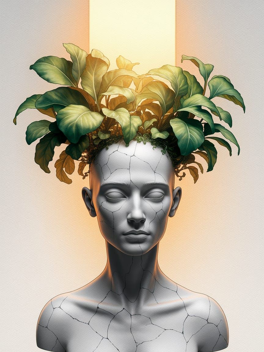 Humanoid Bust with Green Plants, Watercolor Painting