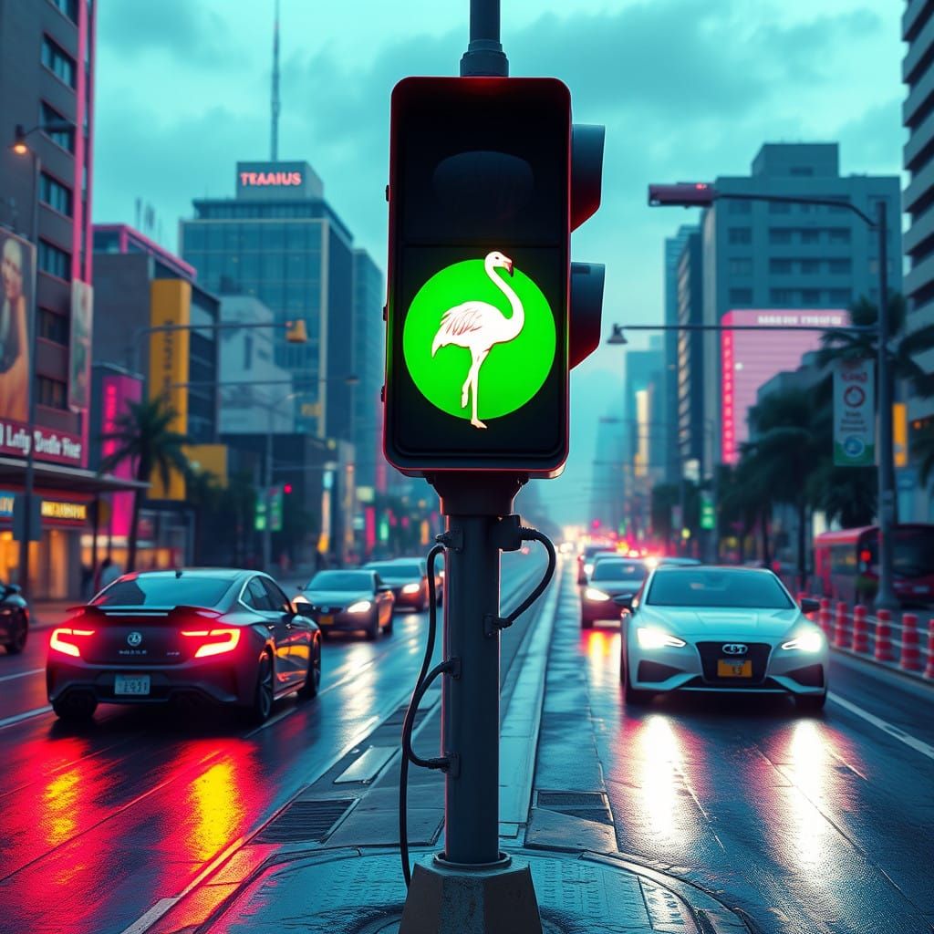 Vibrant Traffic Light in Whimsical Cityscape with Flamingo S...