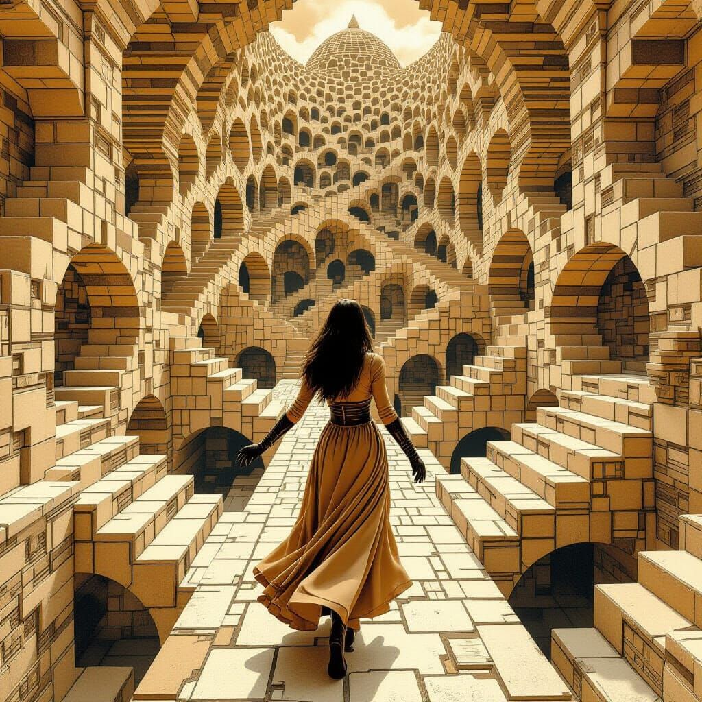 Surreal Staircase Maze in Sepia Tone