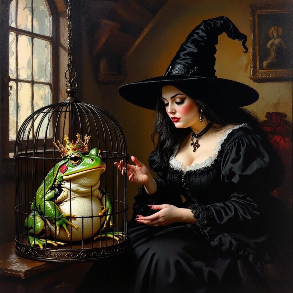 Miserable Frog Prince in Witch's Cage Oil Painting