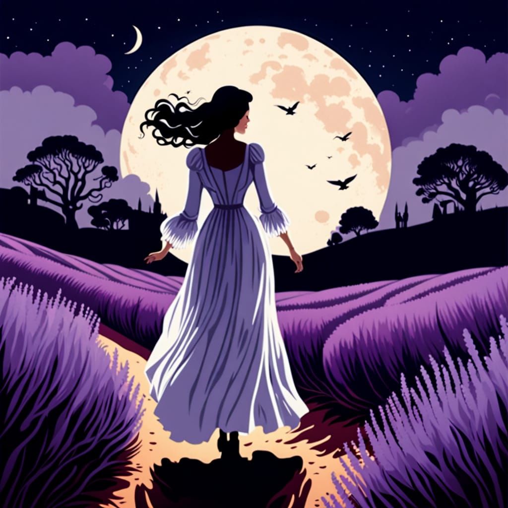 Ethereal Victorian Woman Runs in Lavender Field Under Moonli...