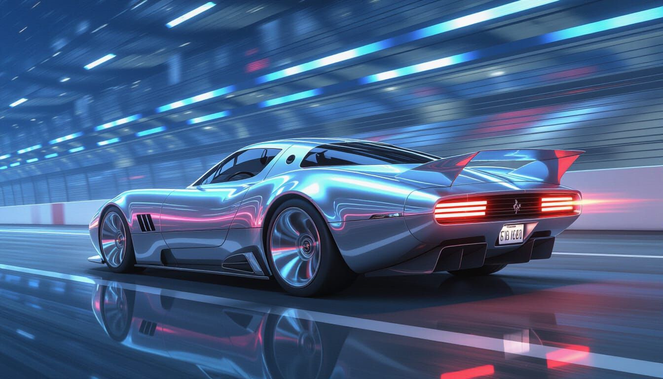 Futuristic Car Racing Down Track in Metallic Style