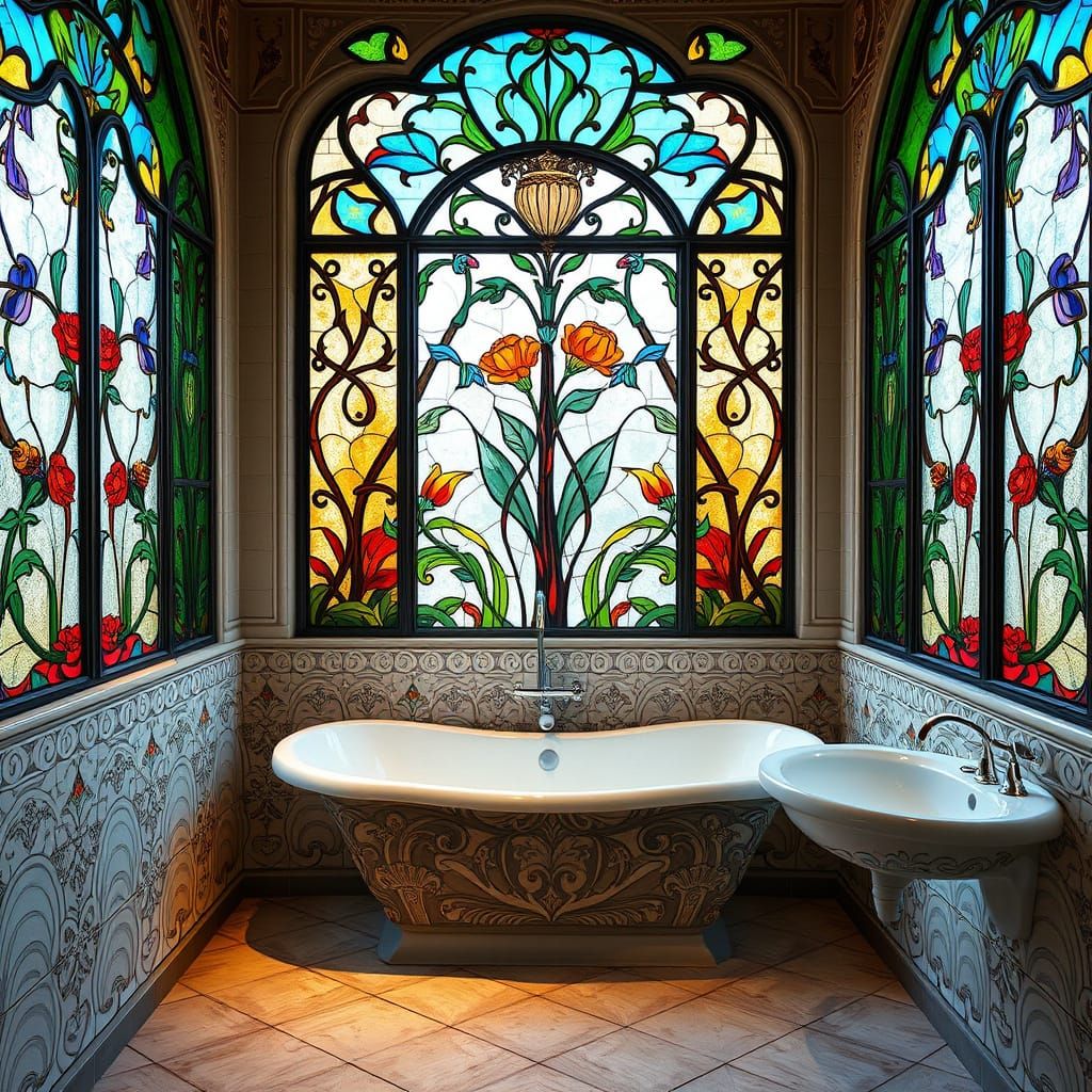 Elegant Art Nouveau Bathroom with Stained Glass