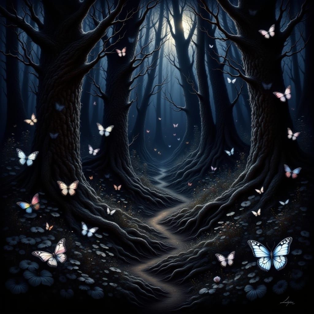 Iridescent Butterflies in Dark Forest at Night