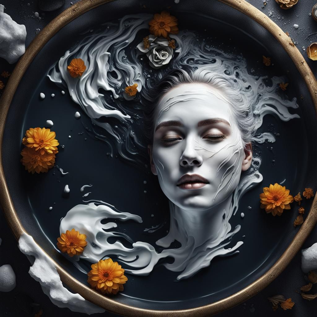 Woman in White Paint Bath: Porcelain Face Portrait