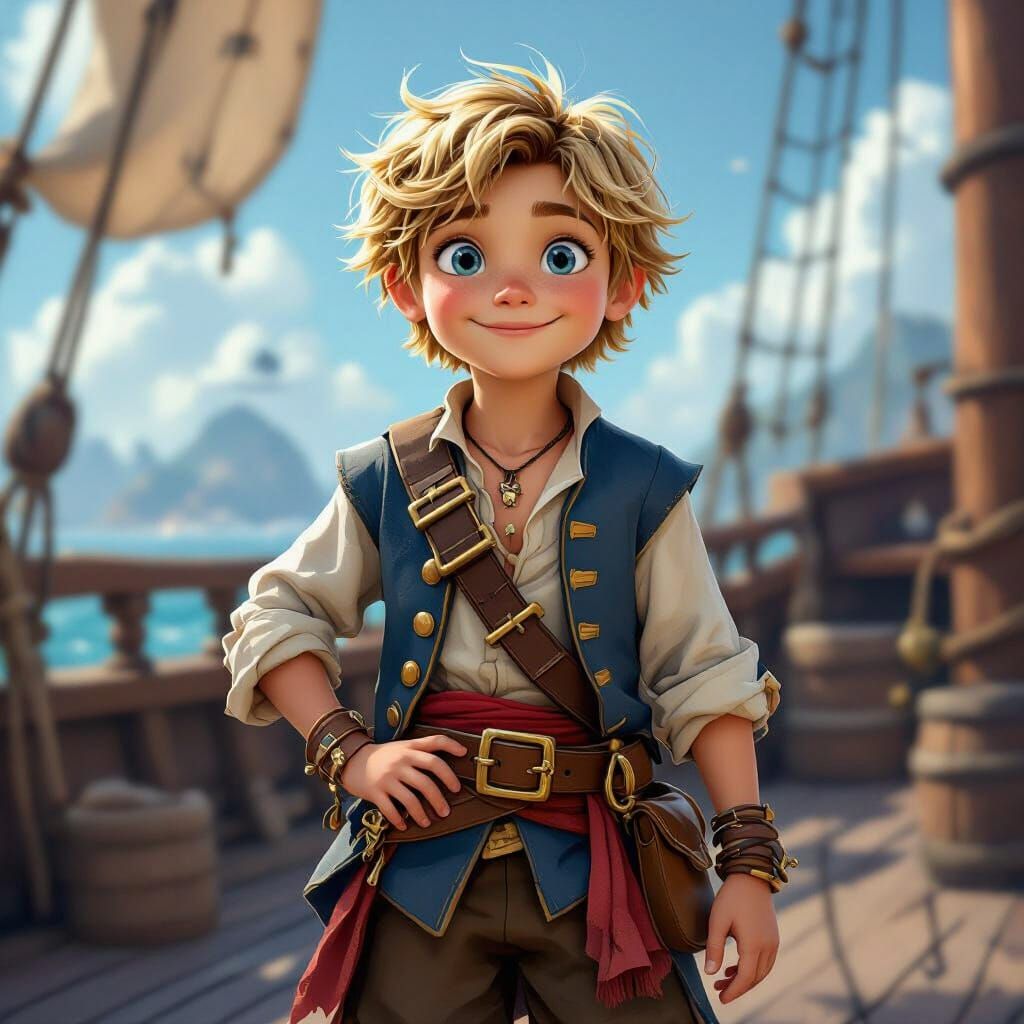 Enthusiastic Pirate Boy on Ship Deck