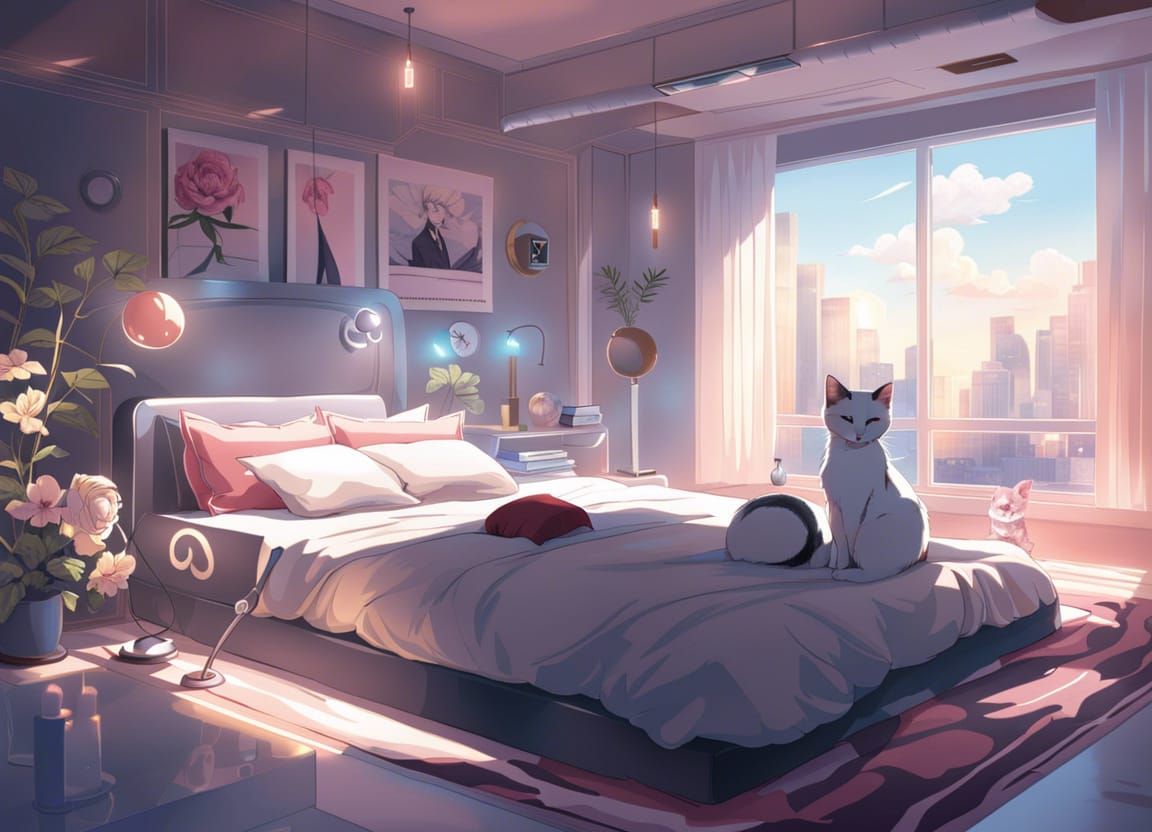 Futuristic Bedroom with Sleeping Kittens, Anime Style