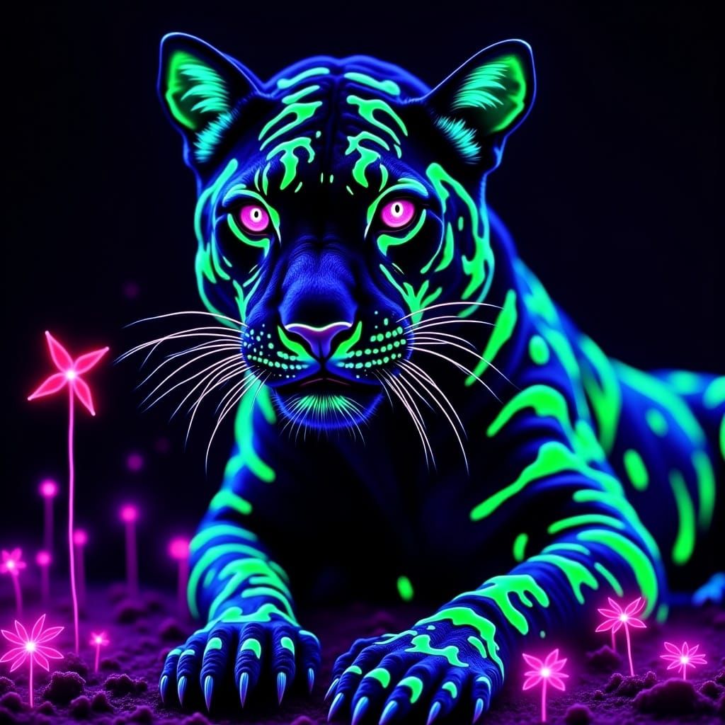 Neon Bioluminescent Panther Portrait in Vivid Colors