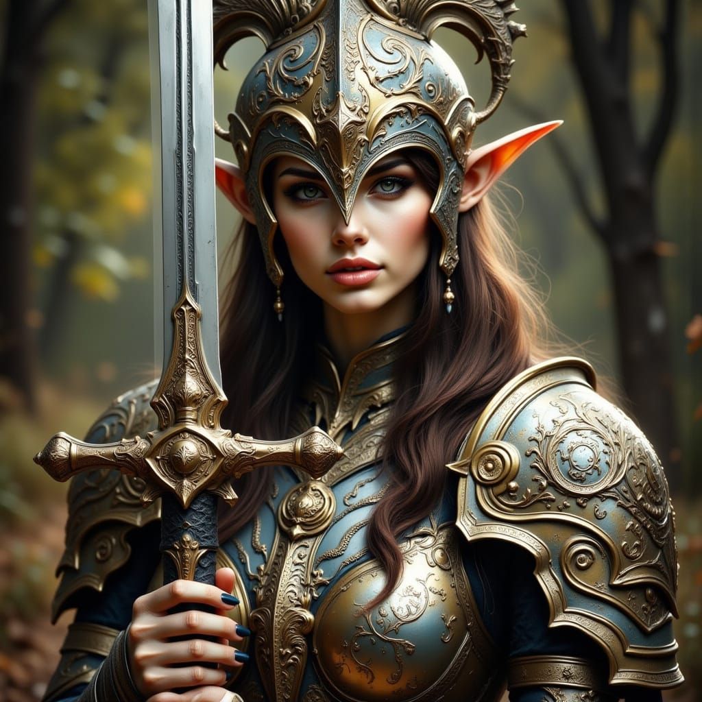 Elven Female Warrior in Dark Fantasy Style Armor