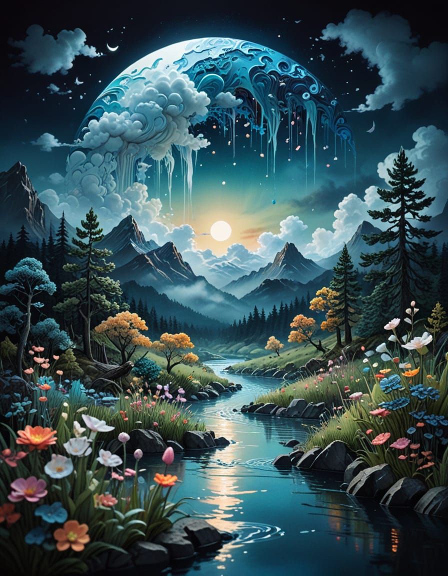 Moonlit Water Cycle Fantasy in Whimsical Japanese Ink Style