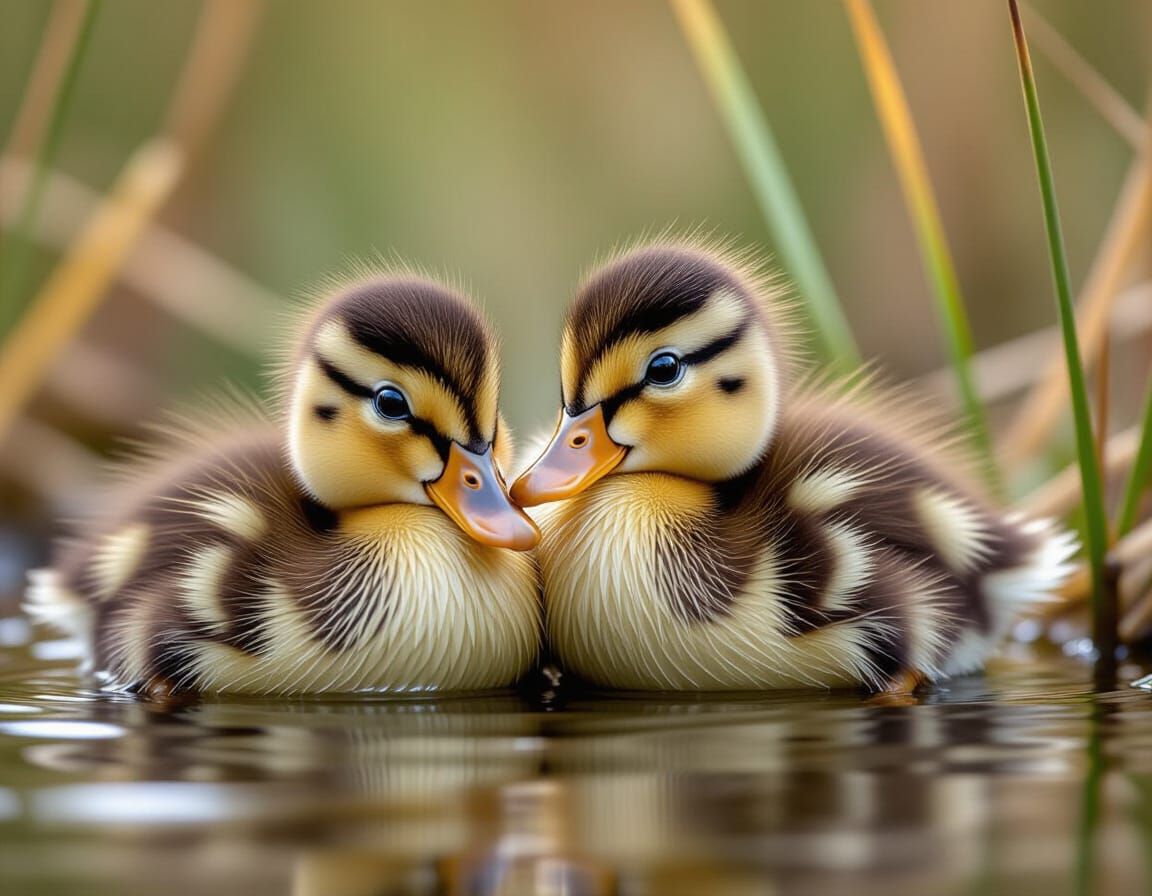 Sad Ducklings Huddled Together in Nature