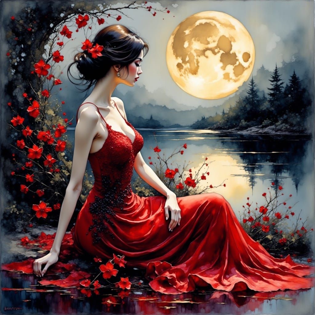 Woman in Red Gown by Moonlit Water in Watercolor Style