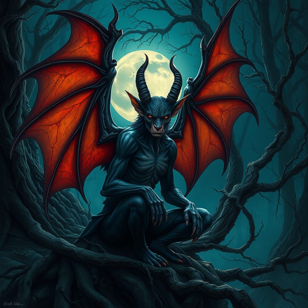 Mystical Jersey Devil in Moonlit Forest Painting