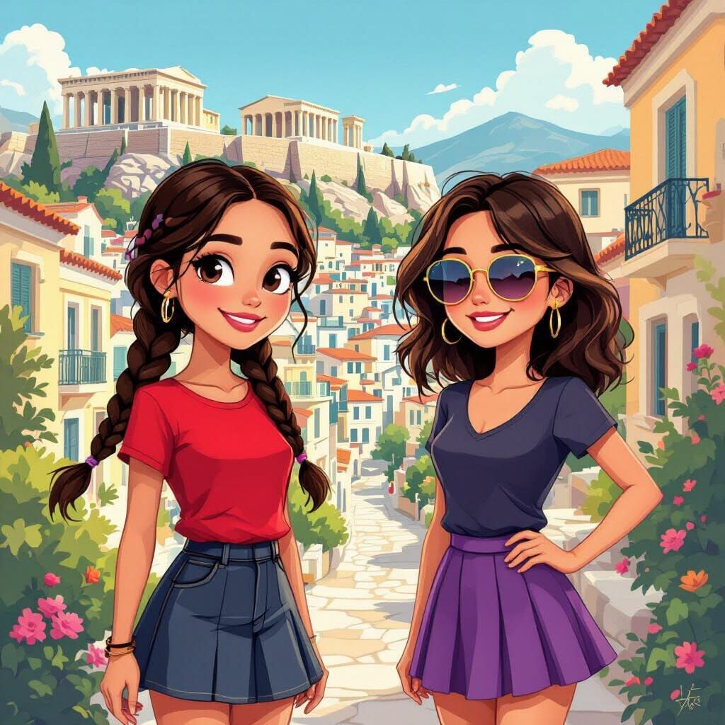 Fun Cartoon Athens Landmarks with Teen Girls