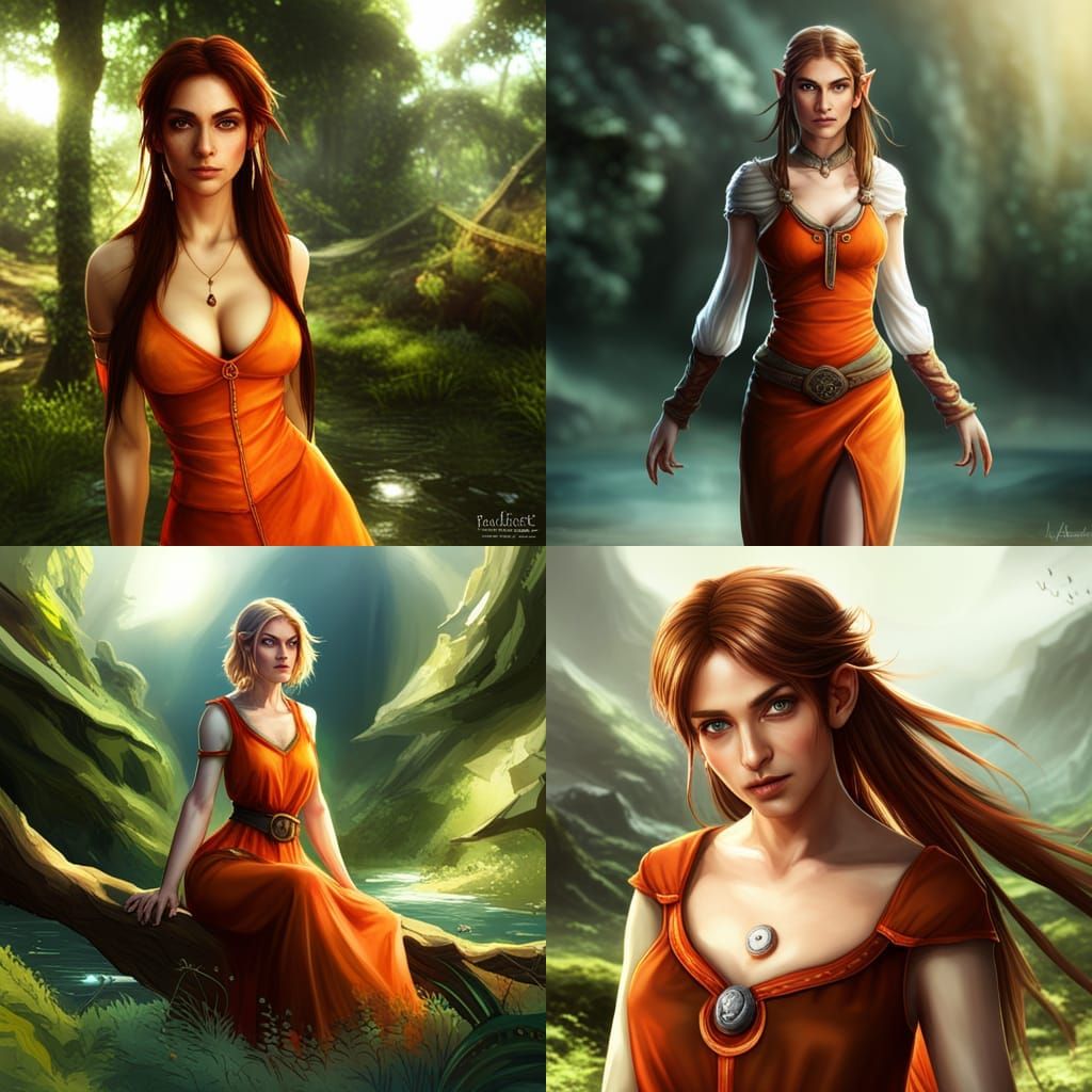 Realistic Female Elf in Orange Clothes, Summer Portrait