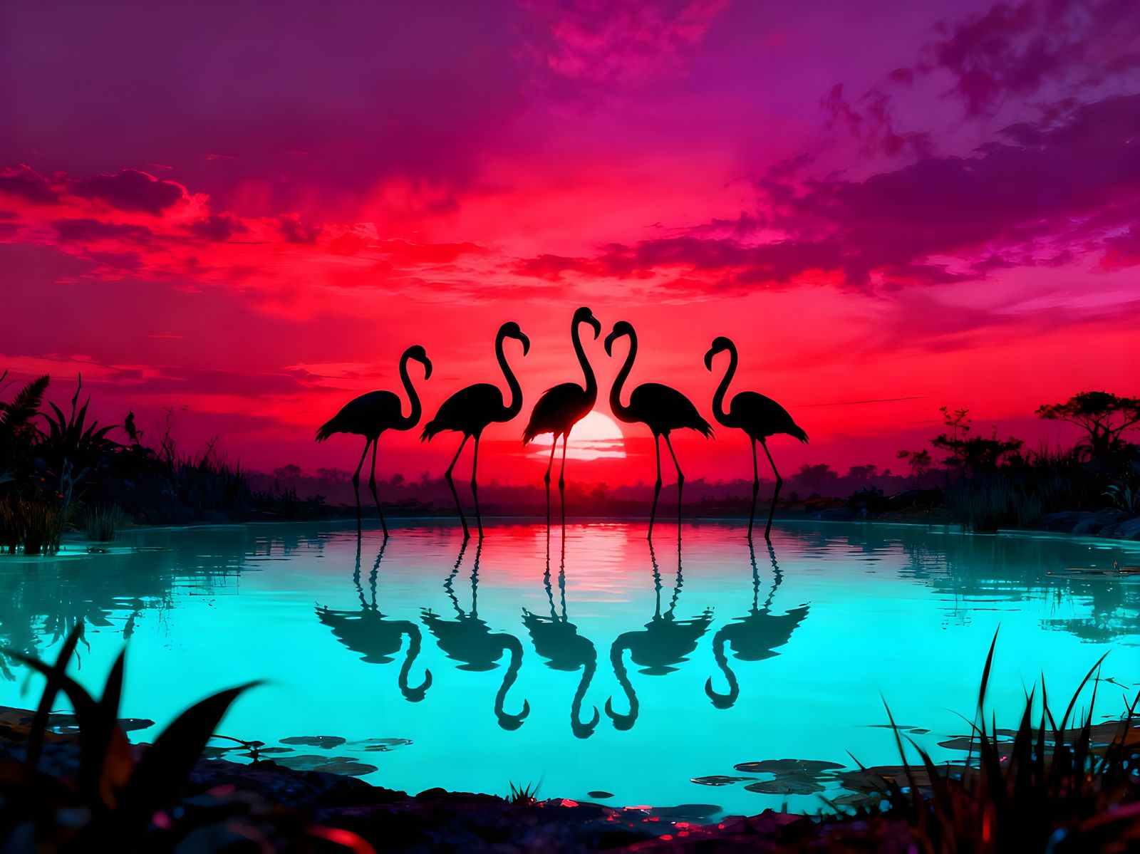 Flamingo Silhouettes at Vivid Sunset Pond