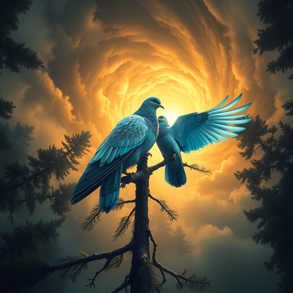 Iridescent Doves in Ethereal Pine Forest