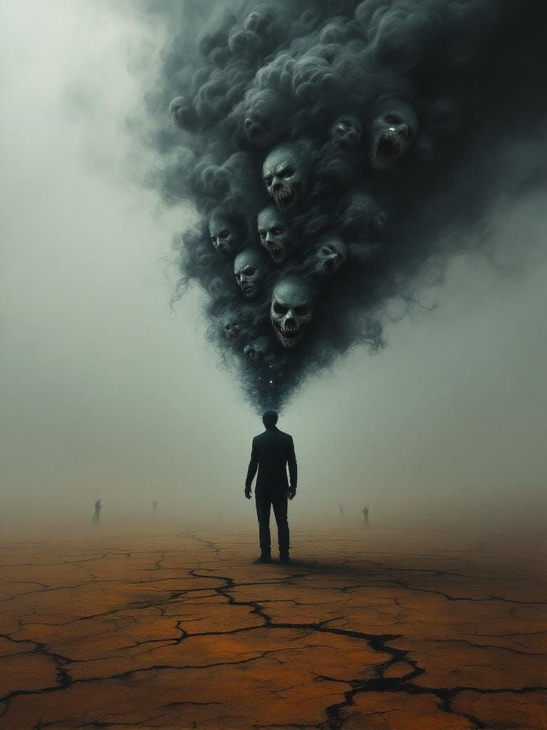 Surreal Barren Landscape with Faceless Figure