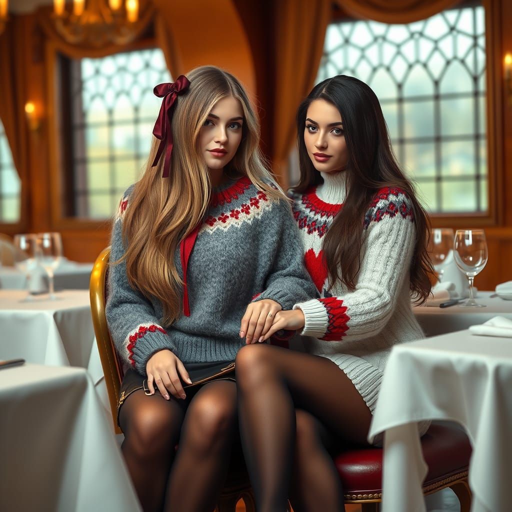Elegant Blonde Woman in Upscale Restaurant with Friend