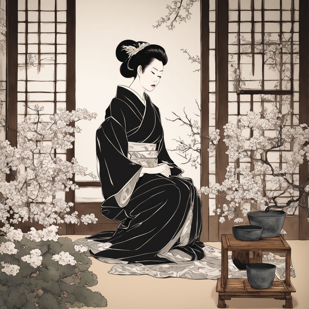 Sumi-e Portrait of a Solitary Woman in a Garden