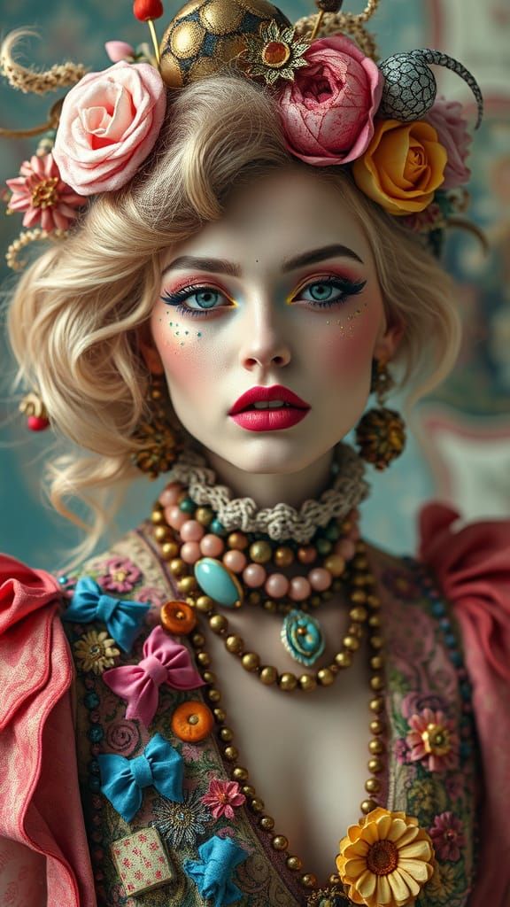 Surreal Femme Fatale Portrait in Maximalist Style