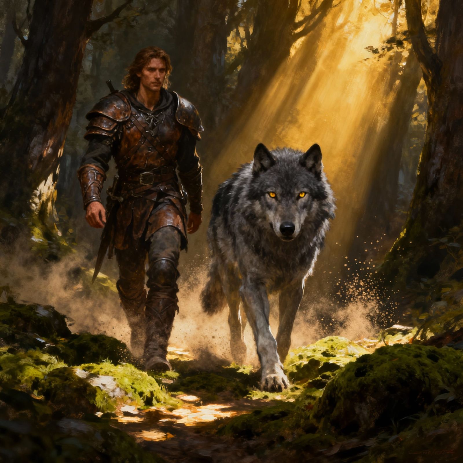 Warrior and Wolf in Ancient Forest