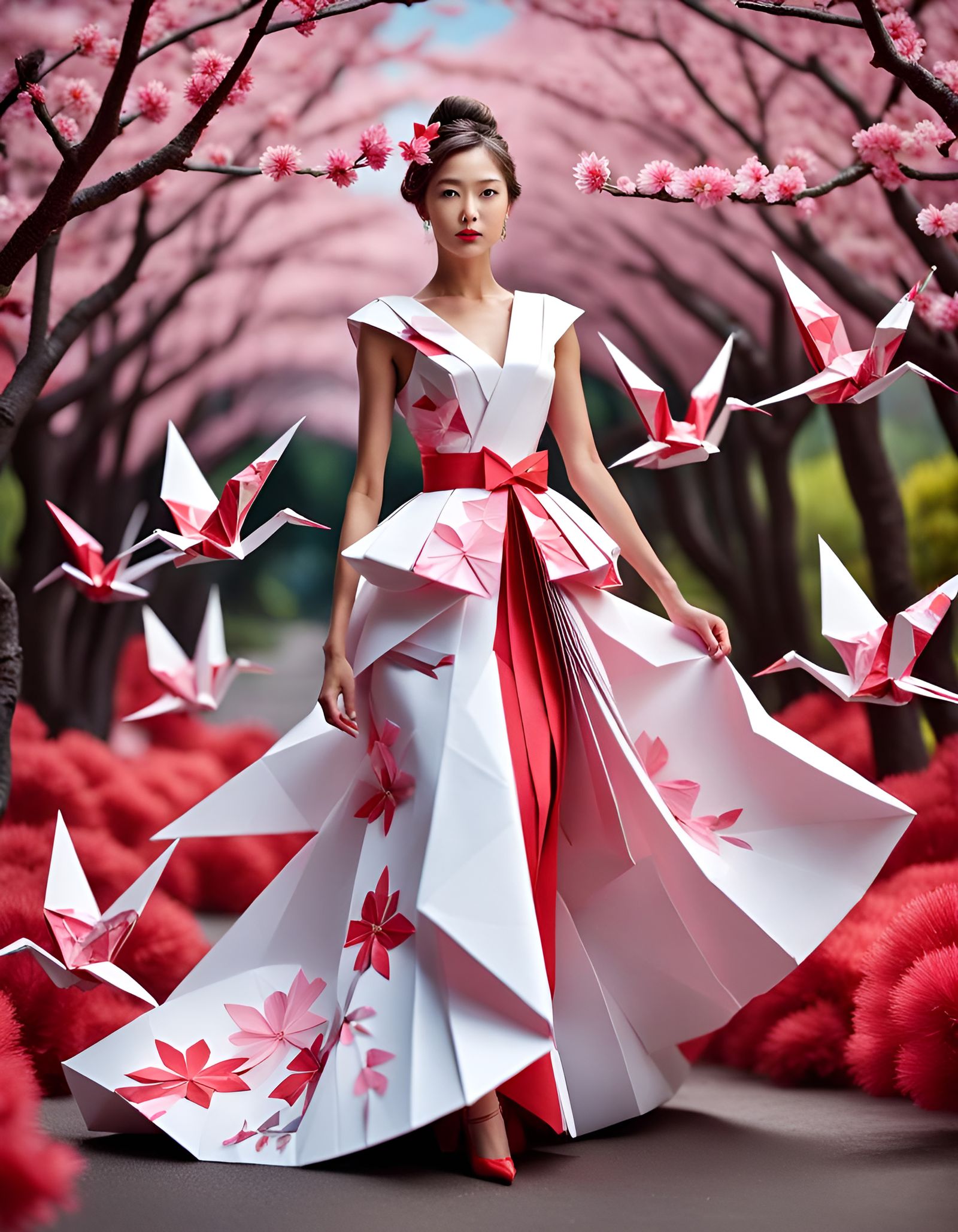 Origami Gown: Maximalist Papercraft Fashion in Sakura Theme