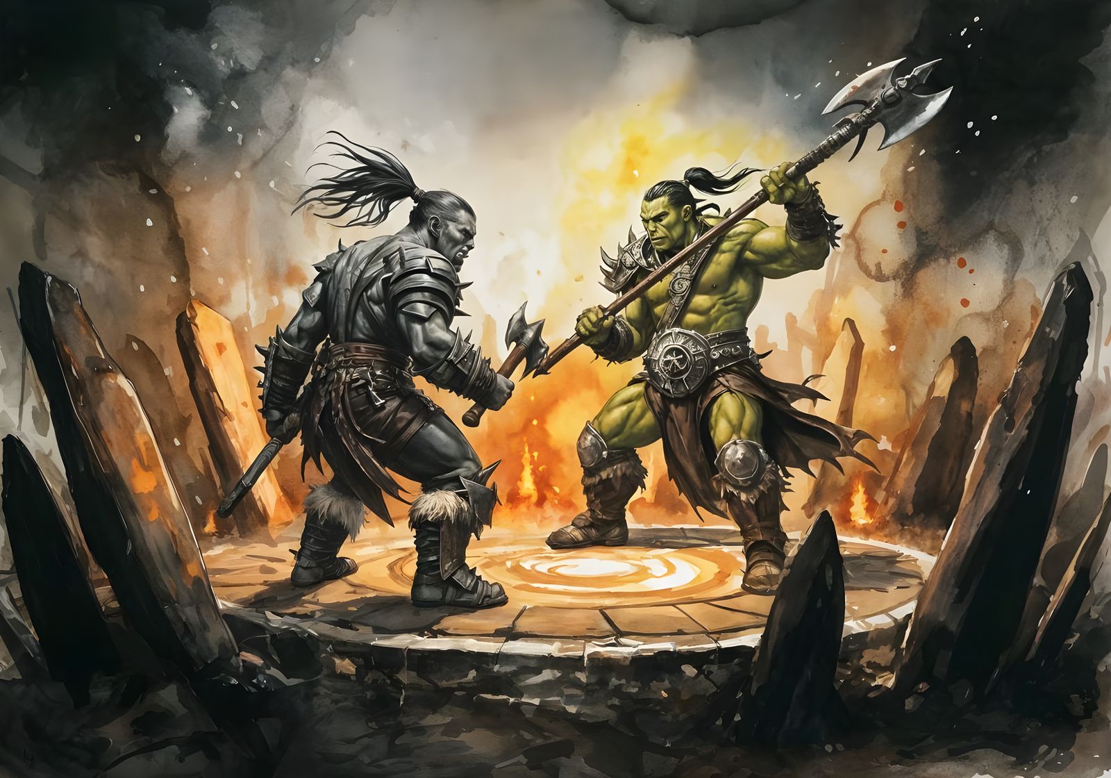 Orc Warriors Engage in a Dramatic Duel in a Ring of Magical ...