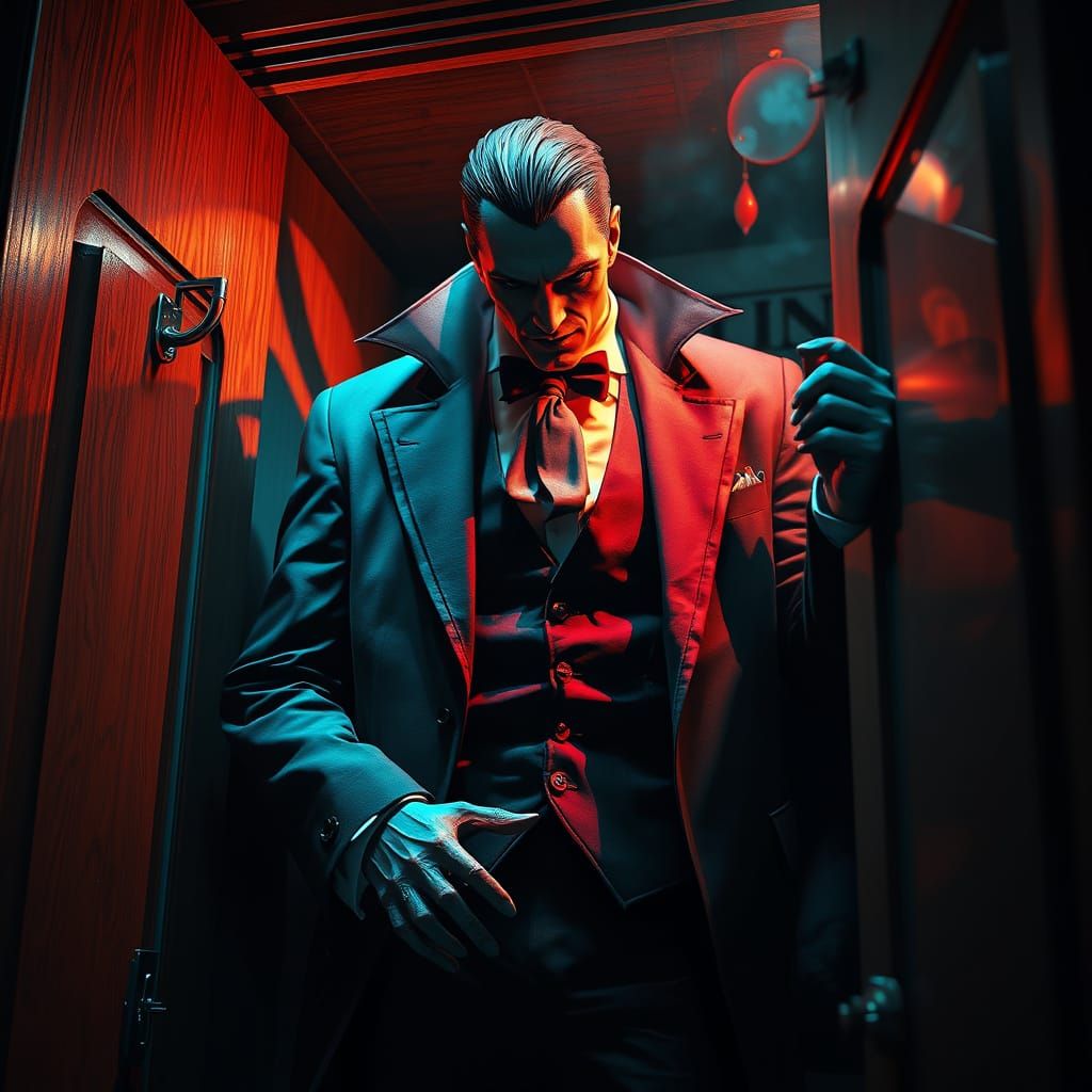 Vampire Dons Formal Attire in Dimly Lit Closet