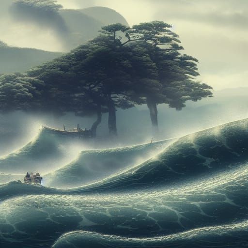 Great Wave Japanese Style Digital Matte Painting
