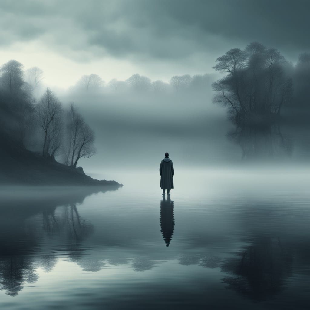 Eerie Figure by Misty Lake: Digital Matte Painting