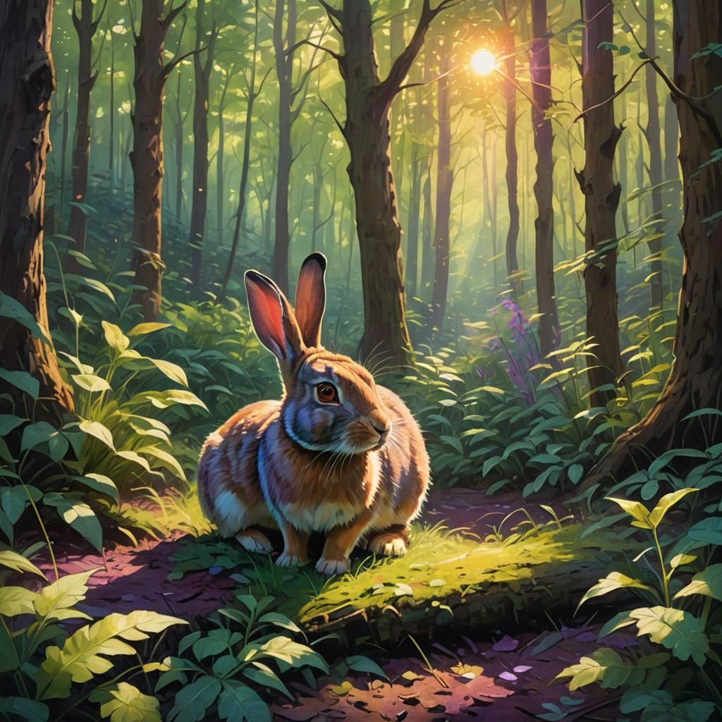 Rabbit in Forest with Purple Light: Oil Painting