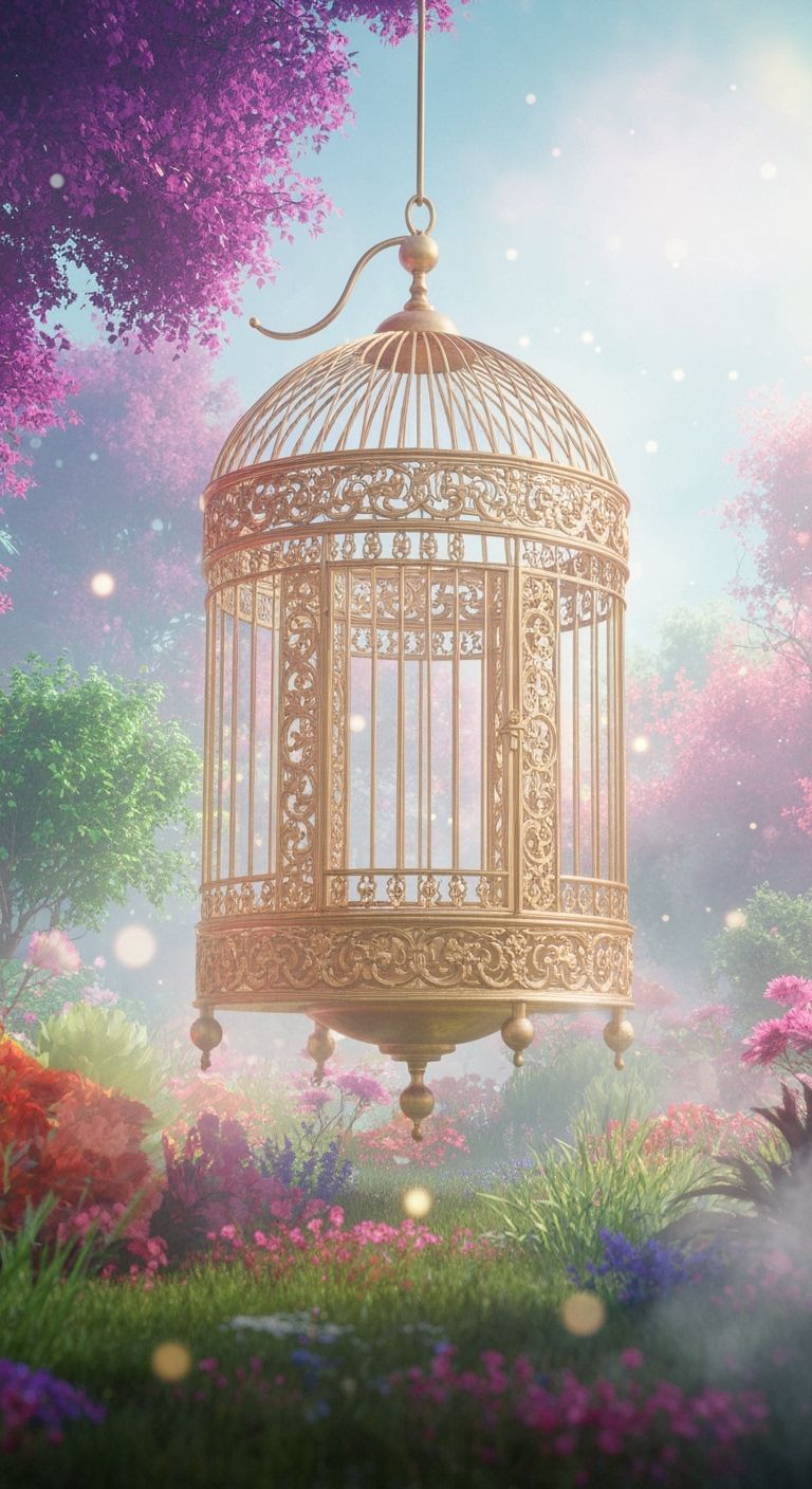 Ornate Golden Birdcage in Dreamlike Landscape
