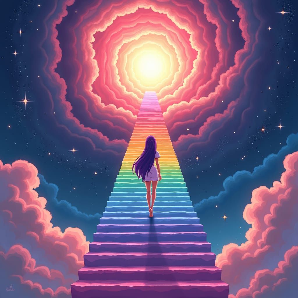 Anime Woman Ascends Rainbow Nebula Staircase