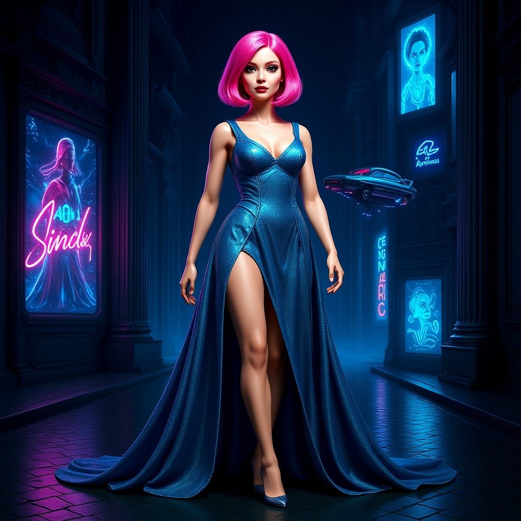 Sindy Doll in Neon Cityscape, Hyperrealistic Fantasy Art