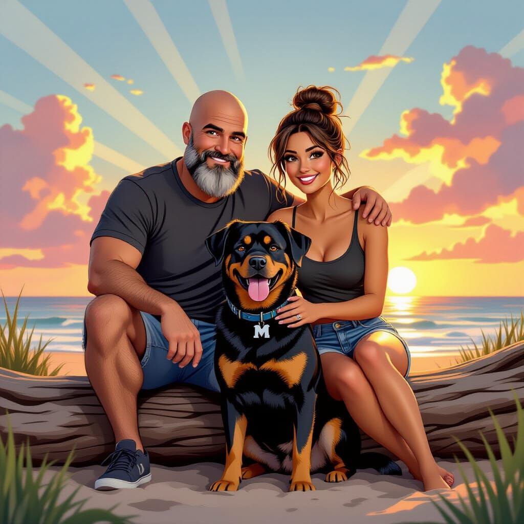 Couple on Tropical Beach at Sunset, Pixar Style