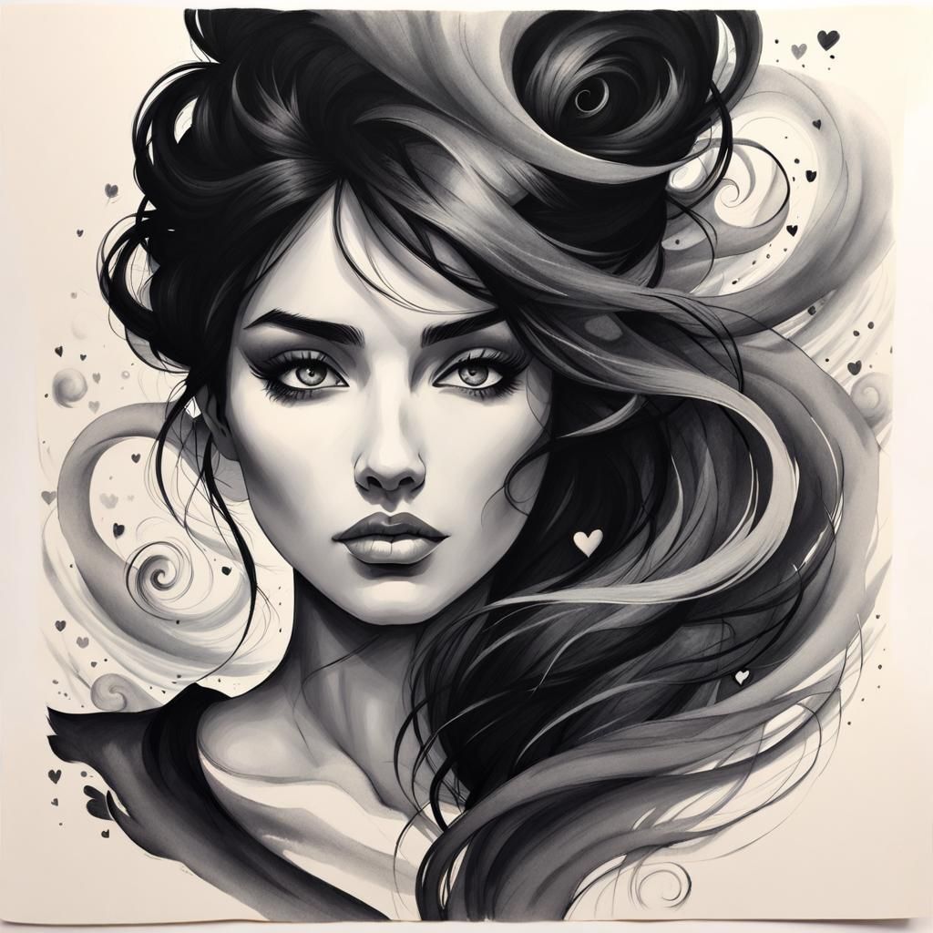 Mysterious Woman in Charcoal Ink Sketch