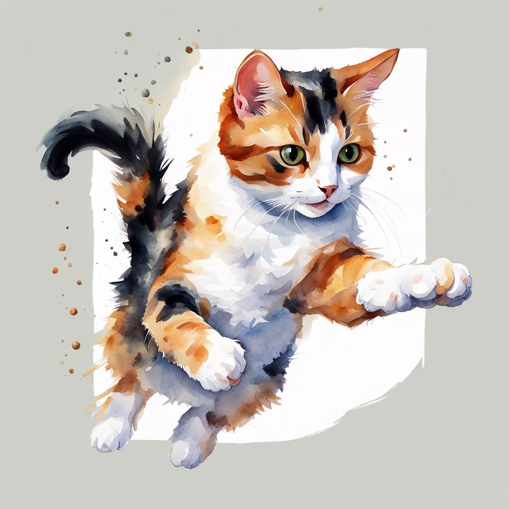 Playful Calico Cat Mid-Air: A Watercolor Painting