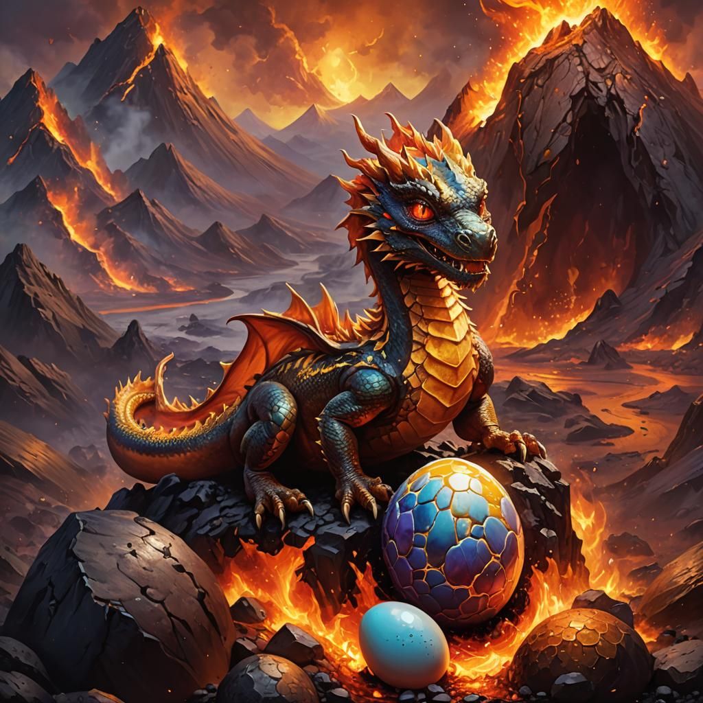 Baby Fire Dragon Hatching in a Volcano