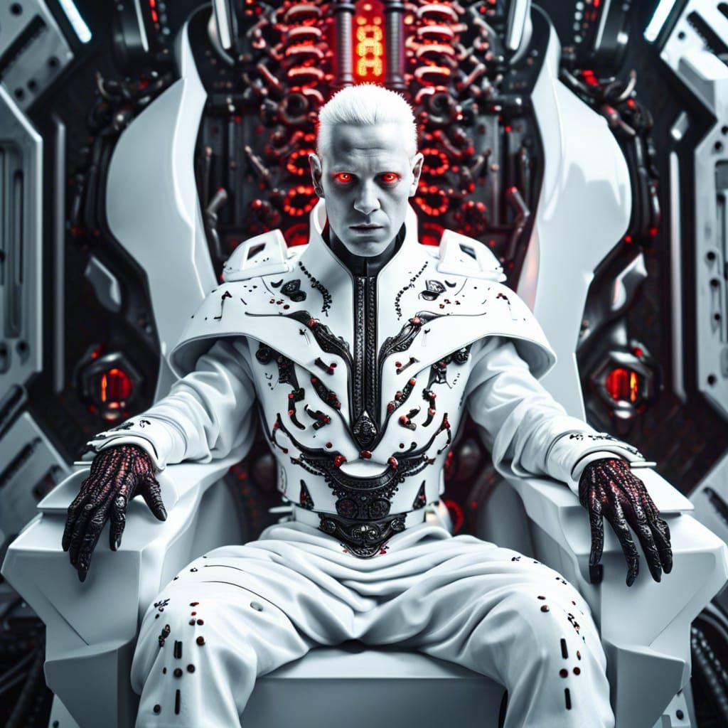 Albino Emperor on Sci-Fi Throne in Hyperrealistic Style