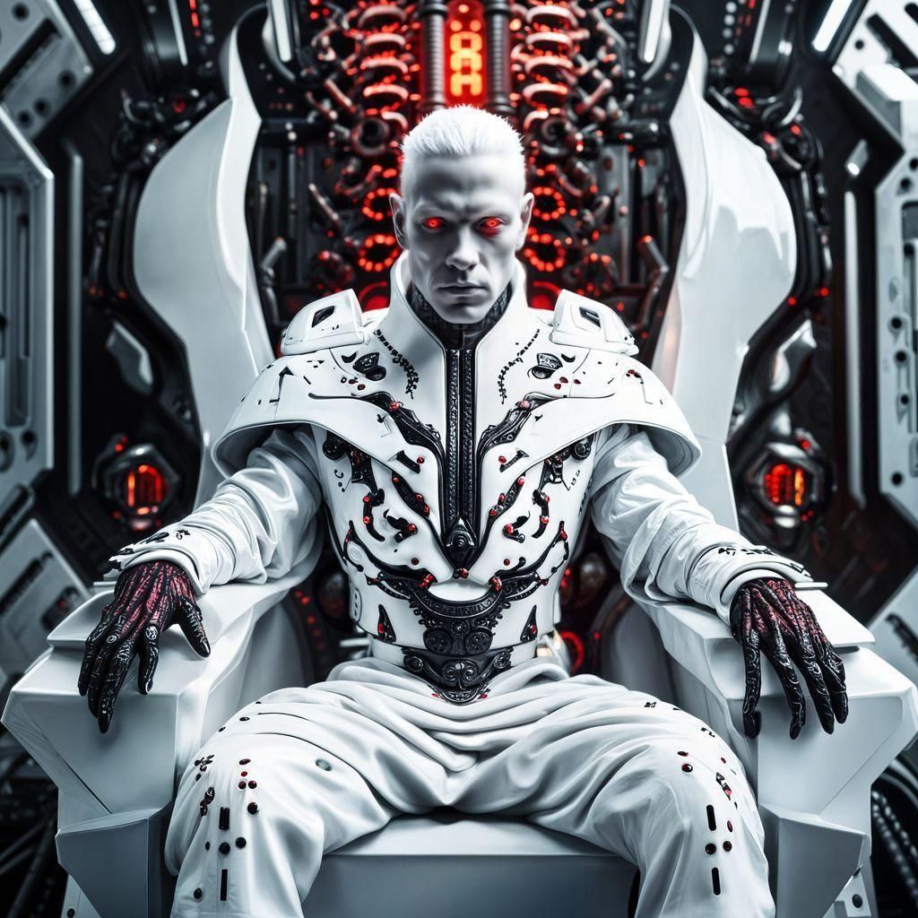 Albino Emperor on Sci-Fi Throne in Hyperrealistic Style