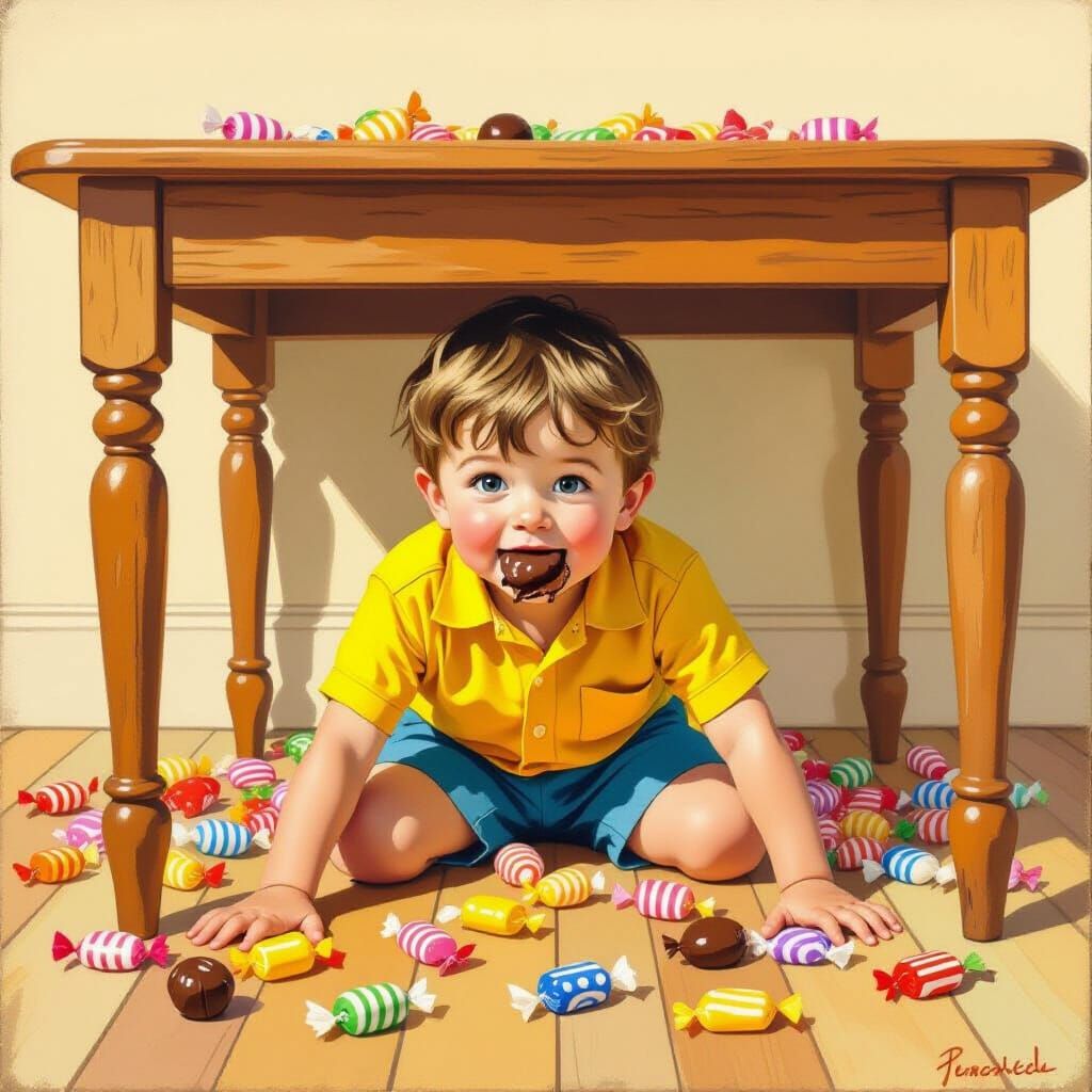 Boy Hiding with Candy, Whimsical Illustration Style