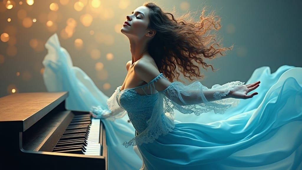 Woman Dancing with Music in Electric Blue Oil Painting