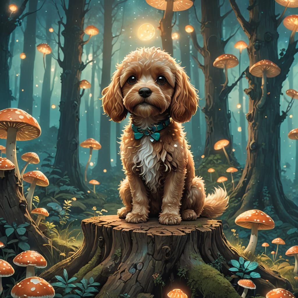 Cavapoo in Whimsical Forest: Ghibli-Inspired Art