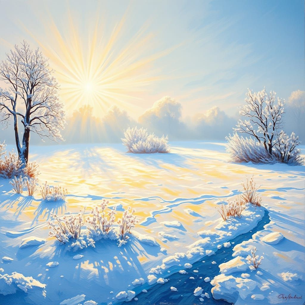 Hoarfrost Snowy Landscape in Oisterwijk with Sunlight Reflec...